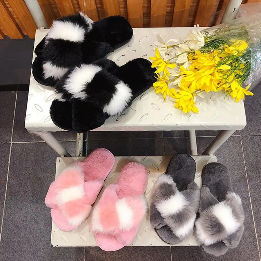 2020 Comfortable Faux Fur Cross Slippers