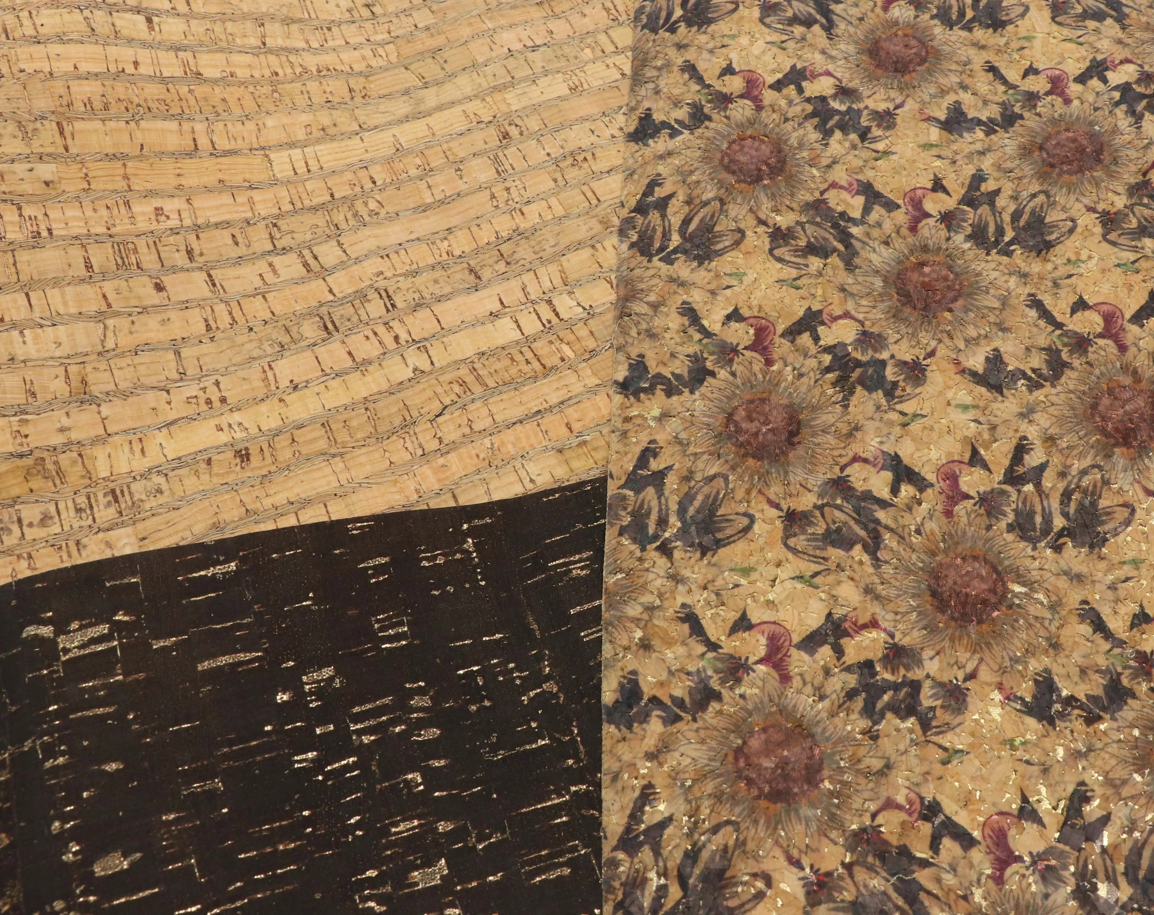 Black sunflower cork fabric - piece of 18" x 15"