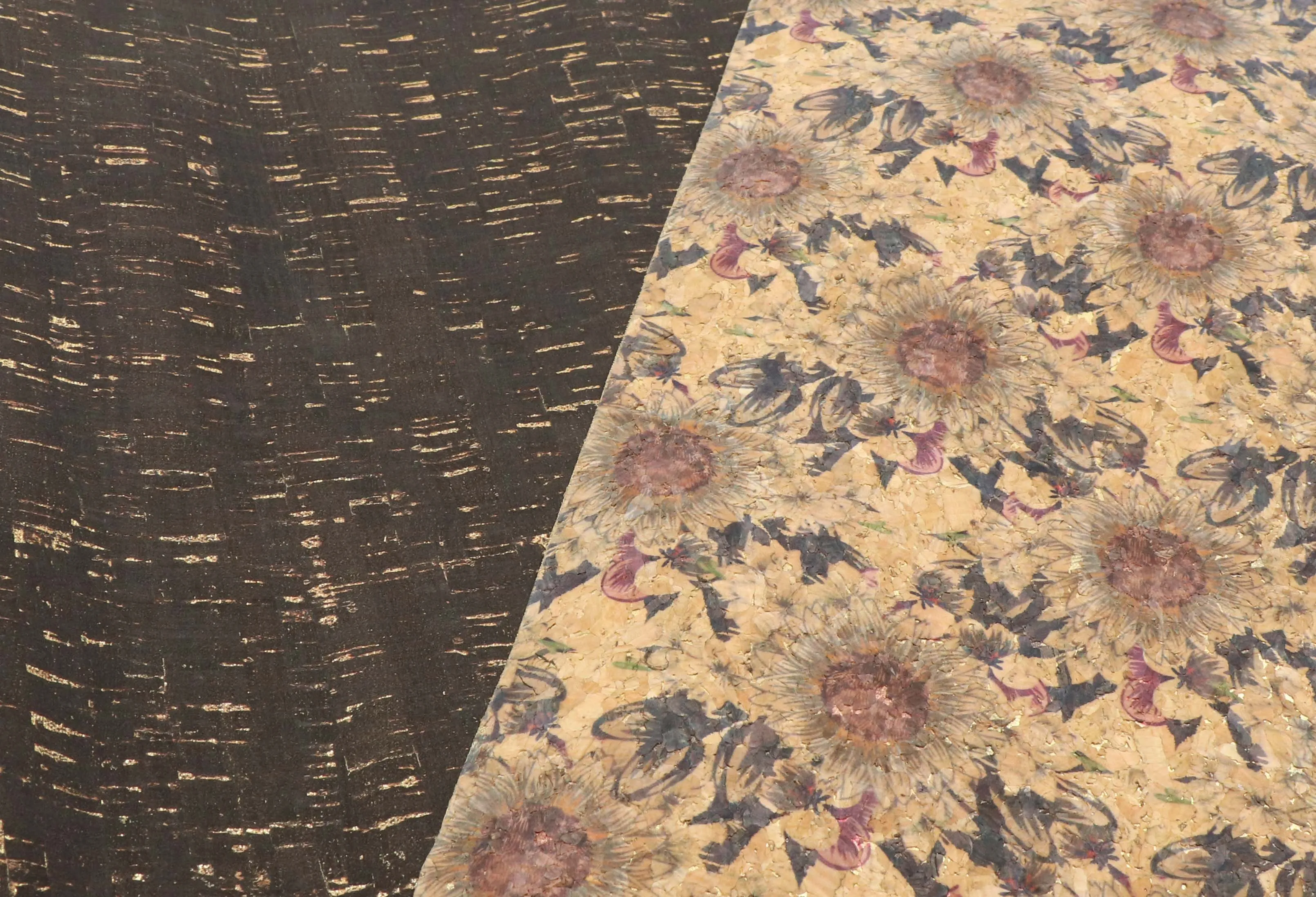 Black sunflower cork fabric - piece of 18" x 15"