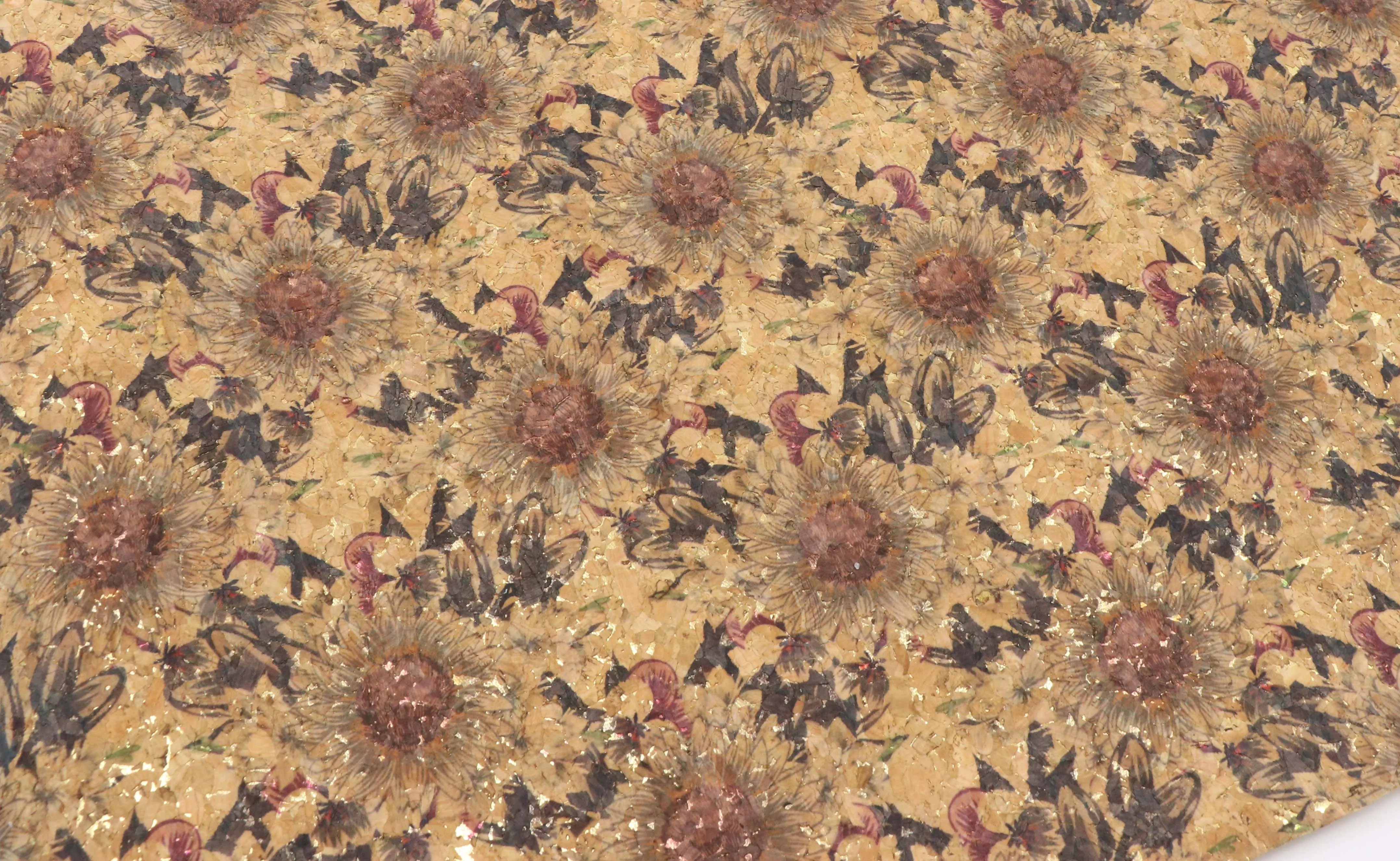 Black sunflower cork fabric - piece of 18" x 15"
