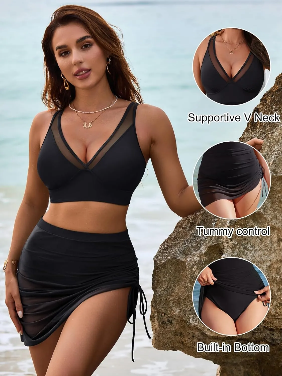 Blooming Jelly Womens Swim Skirt High Waisted Bikini Sets Tummy Control Swimsuits Mesh Sarong Wraps Bathing Suits