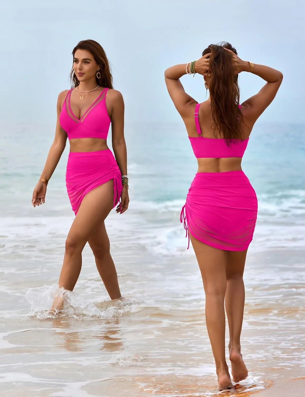 Blooming Jelly Womens Swim Skirt High Waisted Bikini Sets Tummy Control Swimsuits Mesh Sarong Wraps Bathing Suits