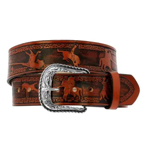 CognacWestern Dress Cowboy Belt Tooled Leather - Silver Buckle