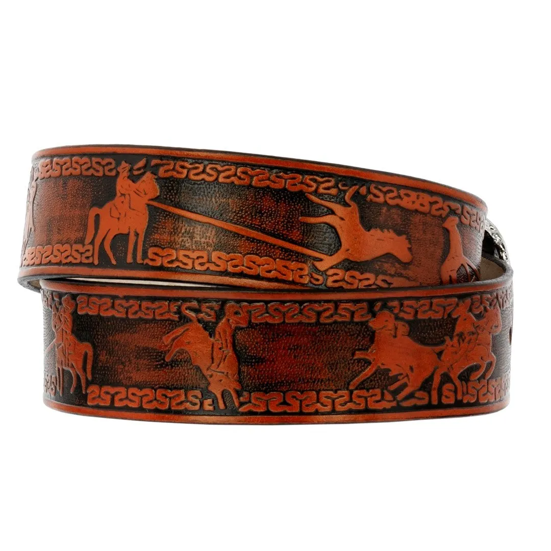 CognacWestern Dress Cowboy Belt Tooled Leather - Silver Buckle