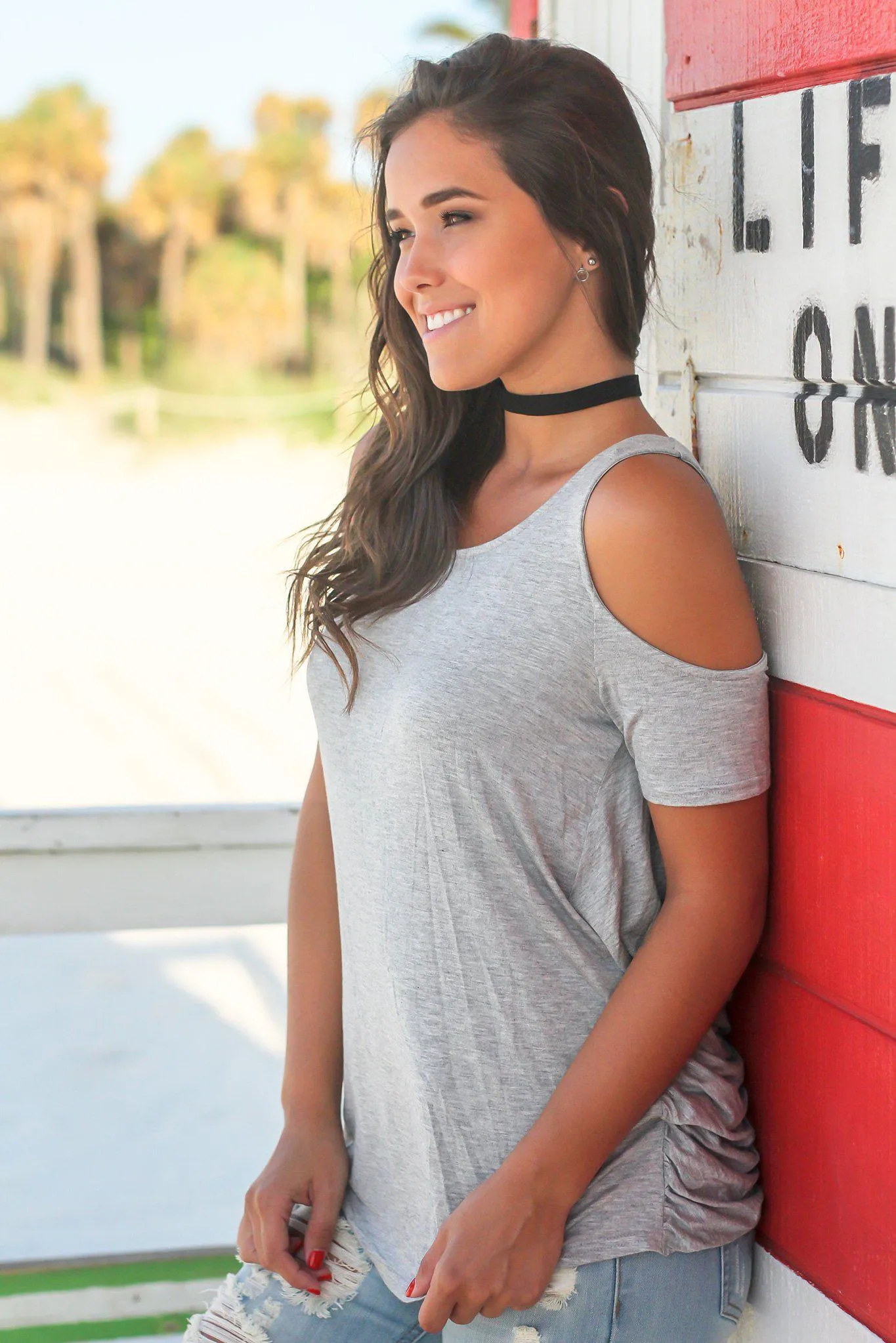 Gray Cold Shoulder Top with Strappy Back
