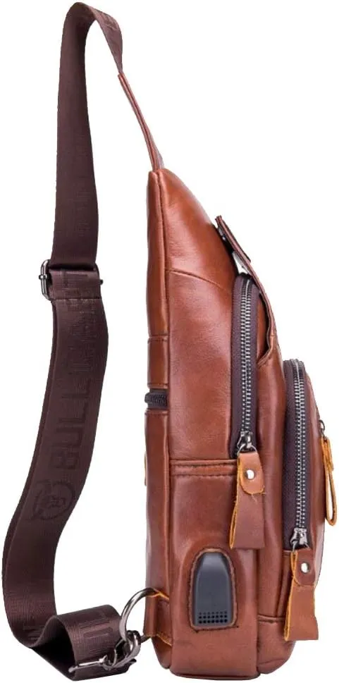 Hebetag Leather Sling Bag Hiking Daypack for Men Women Outdoor Travel Camping Fishing Crossbody Shoulder Chest Pack Backpack