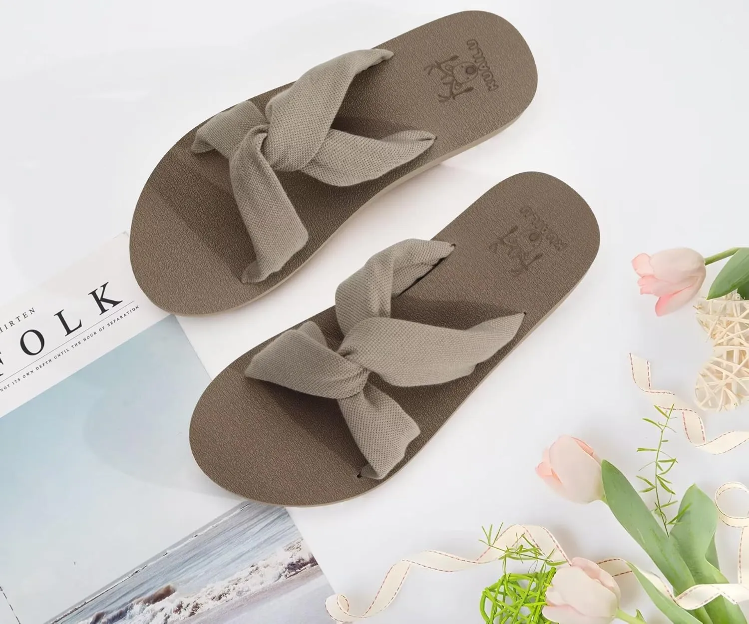 KuaiLu Womens Dressy Sandals with Arch Support Yoga Mat Comfortable Cushion Walking Criss Cross Slides Summer Beach Slip On Indoor Outdoor Slippers