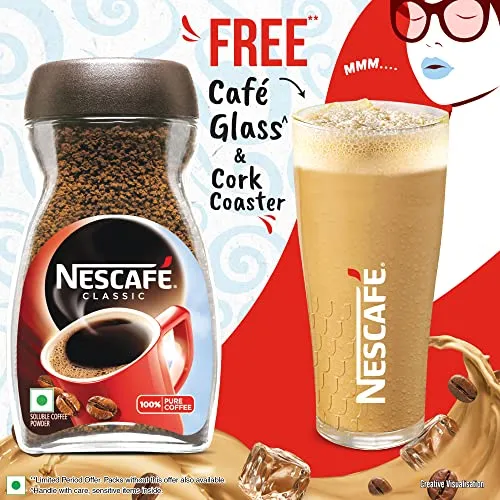 Nescafe Classic Instant Coffee 200G Jar With Free Café Glass & Cork Coaster Pure, Natural Coffee Powder Rich & Creamy Taste