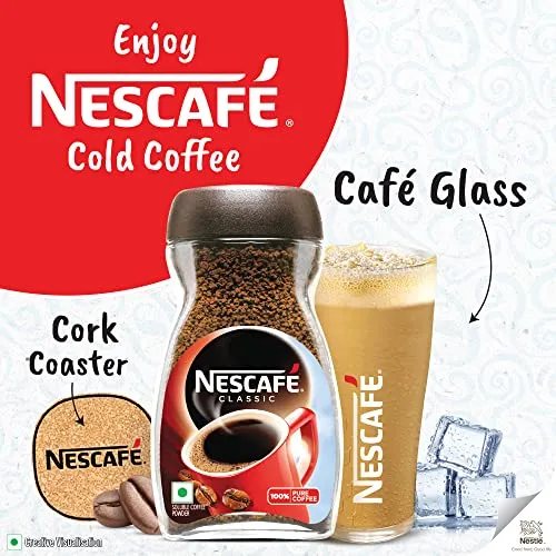 Nescafe Classic Instant Coffee 200G Jar With Free Café Glass & Cork Coaster Pure, Natural Coffee Powder Rich & Creamy Taste