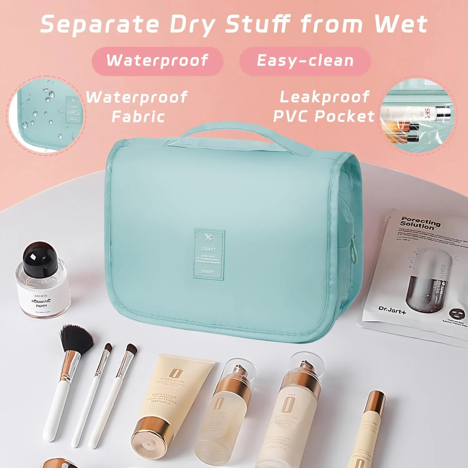 Toiletry Bag Travel Bag with Hanging Hook, Waterproof Capacity Hanging Multifunctional Makeup Bag for Toiletries, Portable Cosmetic Bag Travel Organizer for Women and Men(Light Blue)