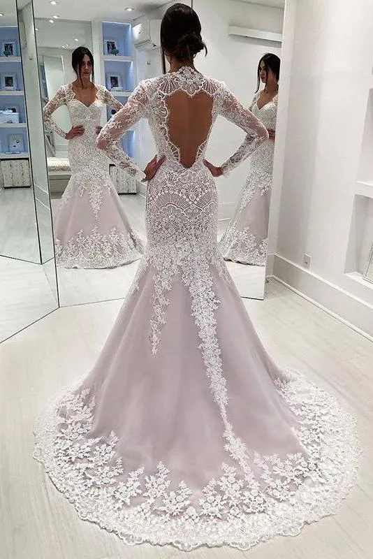 Vintage Long Sleeves Mermaid Wedding Dresses, Long Open Back Bridal Dresses UQ1794