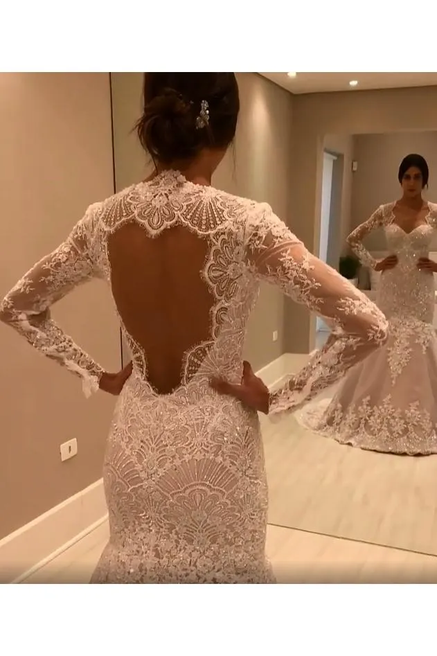 Vintage Long Sleeves Mermaid Wedding Dresses, Long Open Back Bridal Dresses UQ1794