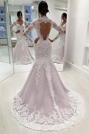 Vintage Long Sleeves Mermaid Wedding Dresses, Long Open Back Bridal Dresses UQ1794