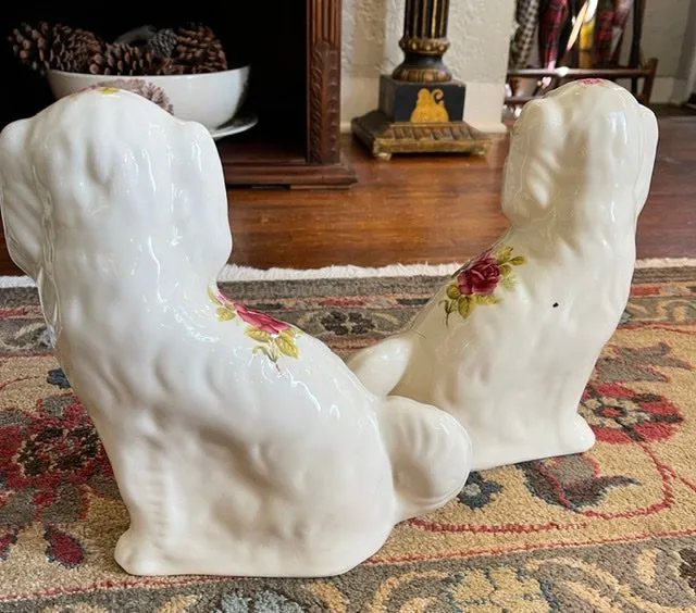 Vintage Pair of Roses on Cream Rose English Staffordshire Dogs