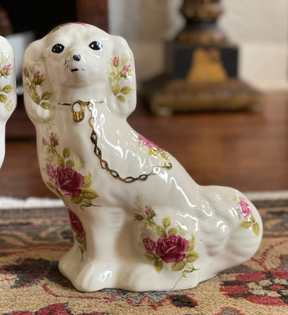 Vintage Pair of Roses on Cream Rose English Staffordshire Dogs