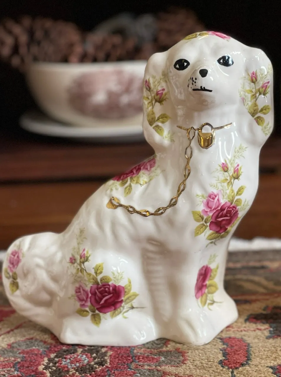 Vintage Pair of Roses on Cream Rose English Staffordshire Dogs
